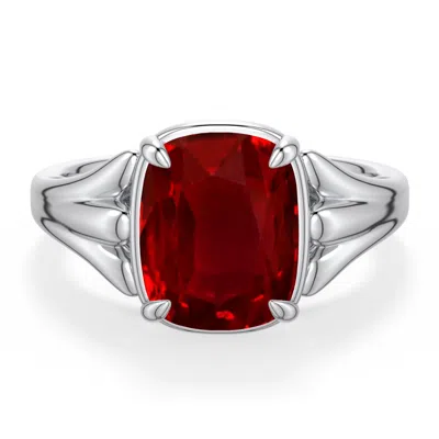 Angara 3.3 Ctw Cushion Rectangular Lab-grown Ruby Scrollwork Engagement Ring In Metallic