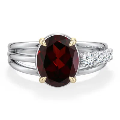 Angara 3.33 Ctw Sterling Silver And 18k Yellow Gold Oval Garnet Ring With Diamonds In Silver & 18k Yellow Gold/dark Red