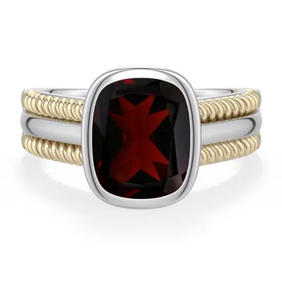 Angara 3.35 Ctw Sterling Silver And 18k Yellow Gold Cushion Rectangular Garnet Solitaire Ring In Silver & 18k Yellow Gold/dark Brownish Red