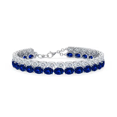 Angara 33.72 Ctw Double-row Oval Lab-grown Blue Sapphire And Diamond Tennis Bracelet In Platinum/deep Rich Blue