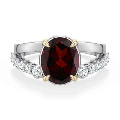 Angara 3.44 Ctw Sterling Silver And 18k Yellow Gold Oval Garnet Split Shank Ring In Silver & 18k Yellow Gold/dark Red