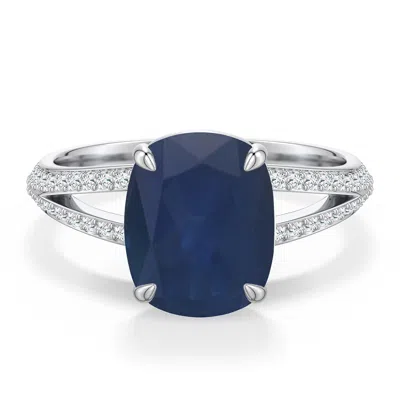 Angara 3.45 Ctw Cushion Rectangular Blue Sapphire Engagement Ring With Pavé Accents In Metallic