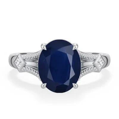 Angara 3.46 Ctw Oval Blue Sapphire Cathedral Engagement Ring With Accents In Platinum/dark Blue