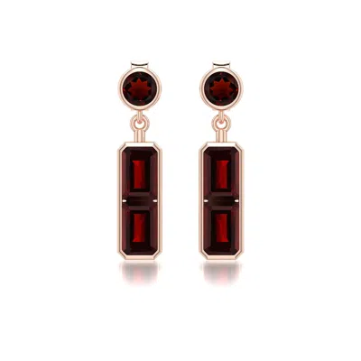 Angara 3.46 Ctw Round And Emerald-cut Garnet Drop Earrings In Rose Gold/dark To Medium Red