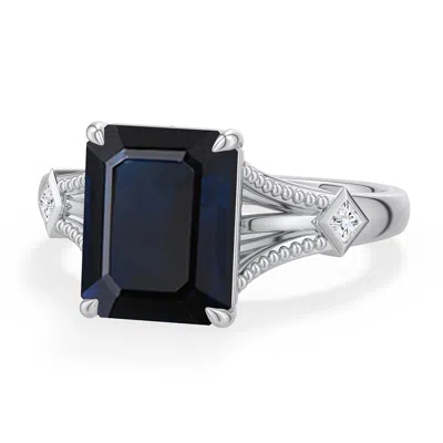 Angara 3.56 Ctw Emerald-cut Blue Sapphire Cathedral Engagement Ring With Accents In Platinum/dark Blue
