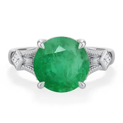 Angara 3.59 Ctw Round Emerald Cathedral Engagement Ring With Accents In Platinum/medium Green