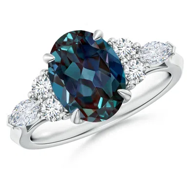 Angara 3.62 Ctw Oval Lab-grown Alexandrite Side Stone Ring With Diamonds In Platinum/bluish Green Changing To Brownish Or Pinkish Purple