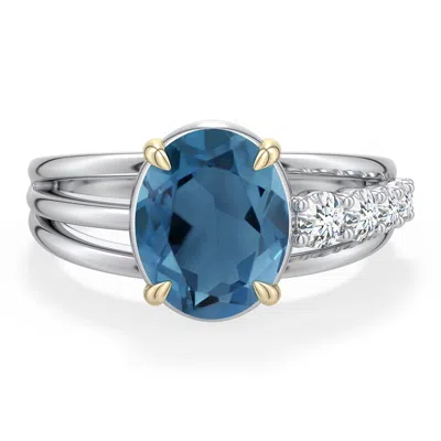 Angara 3.63 Ctw Sterling Silver And 18k Yellow Gold Oval London Blue Topaz Ring With Diamonds In Silver & 18k Yellow Gold/light Greenish Blue