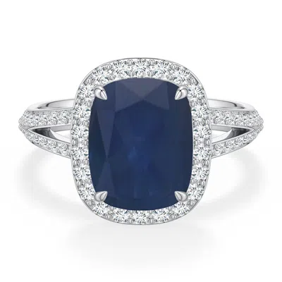 Angara 3.67 Ctw Cushion Rectangular Blue Sapphire Halo Engagement Ring With Accents In Metallic