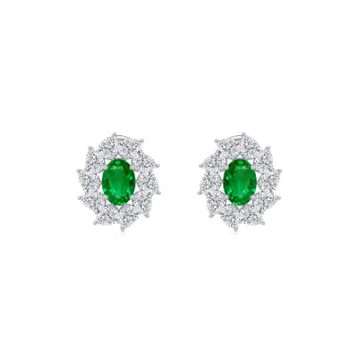 Angara 3.72 Ctw Oval Lab-grown Emerald Tilted Halo Stud Earrings In Platinum/rich Green