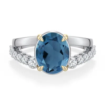 Angara 3.74 Ctw Sterling Silver And 18k Yellow Gold Oval London Blue Topaz Split Shank Ring In Silver & 18k Yellow Gold/light Greenish Blue