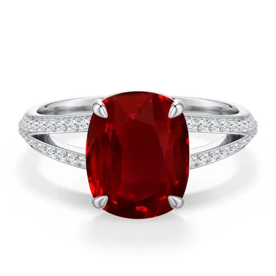 Angara 3.75 Ctw Cushion Rectangular Lab-grown Ruby Engagement Ring With Pavé Accents In Metallic