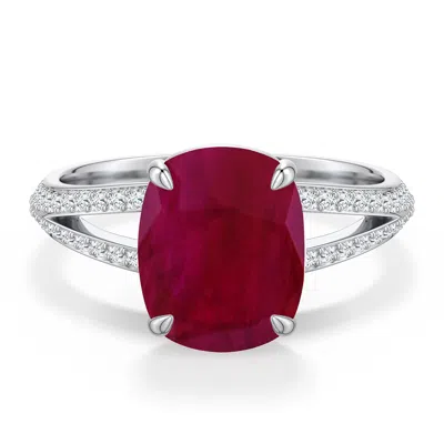 Angara 3.75 Ctw Cushion Rectangular Ruby Engagement Ring With Pavé Accents In Metallic