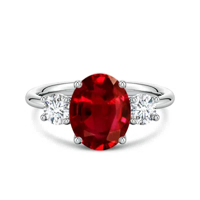 Angara 3.8 Ctw Lab-grown Oval Ruby And Round Diamond Three-stone Engagement Ring In Metallic