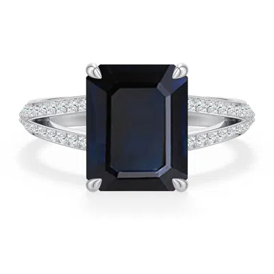 Angara 3.85 Ctw Emerald-cut Blue Sapphire Engagement Ring With Pavé Accents In Platinum/dark Blue