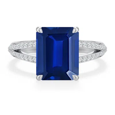 Angara 3.85 Ctw Emerald-cut Lab-grown Blue Sapphire Engagement Ring With Pavé Accents In Platinum/deep Rich Blue