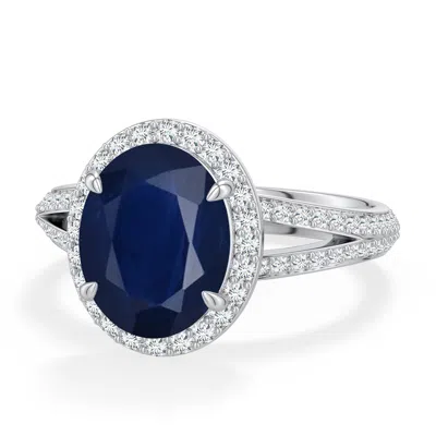 Angara 3.94 Ctw Oval Blue Sapphire Halo Engagement Ring With Accents In Platinum/dark Blue