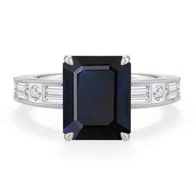 Angara 3.98 Ctw Emerald-cut Blue Sapphire Engagement Ring With Multi-shape Accents In Platinum/dark Blue