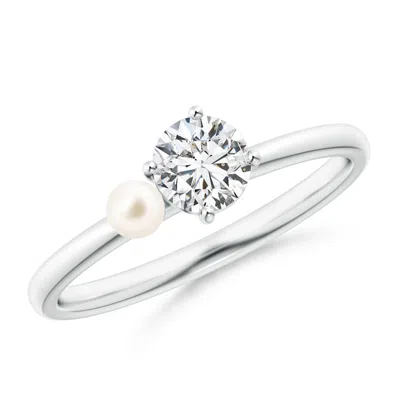 Angara 3mm Freshwater Pearl & Tilted Round Diamond 2-stone Grande Engagement Ring In Gray