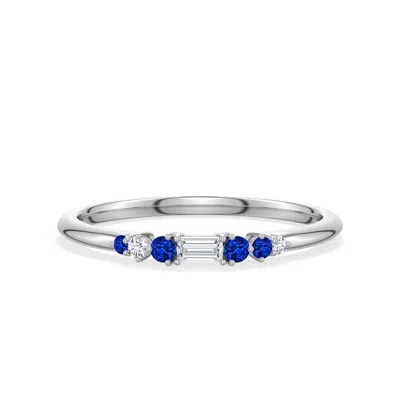 Angara 3x1.5 Mm Baguette Diamond Asymmetric Ring With Blue Sapphire
