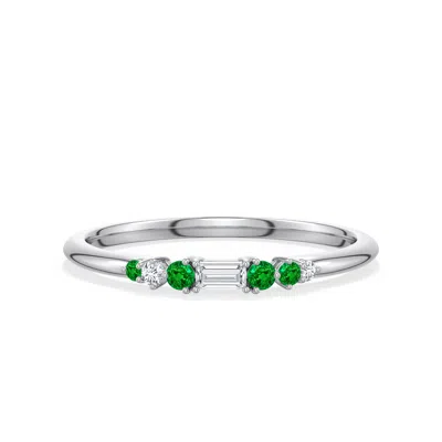 Angara 3x1.5 Mm Baguette Diamond Asymmetric Ring With Emerald In Green