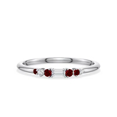 Angara 3x1.5 Mm Baguette Lab-grown Diamond Asymmetric Ring With Ruby In Silver