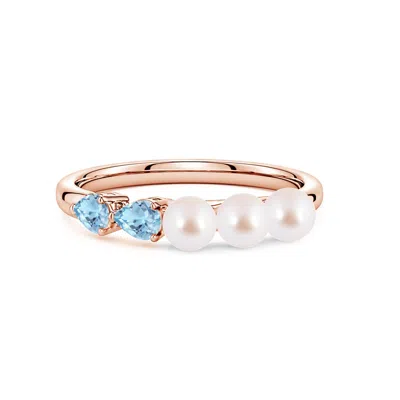 Angara 4 Mm Akoya Pearl And Horizontal Pear Aquamarine Asymmetrical Ring In Gold