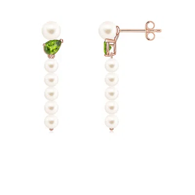 Angara 4 Mm Freshwater Pearl And Tilted Pear Peridot Dangle Earrings In Gold