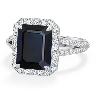 Angara 4.09 Ctw Emerald-cut Blue Sapphire Halo Engagement Ring With Accents In Platinum/dark Blue