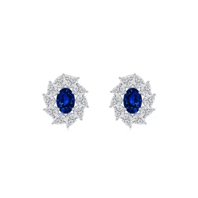 Angara 4.1 Ctw Oval Lab-grown Blue Sapphire Tilted Halo Stud Earrings In Platinum/deep Rich Blue