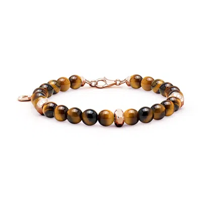 Angara 41.4 Ctw Men's Tiger's Eye Beaded Bracelet With Octagon Metal Motifs In Brown