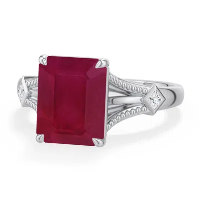 Angara 4.16 Ctw Emerald-cut Ruby Cathedral Engagement Ring With Accents In Platinum/dark Red