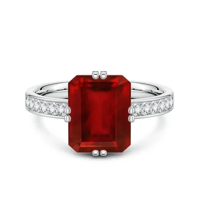 Angara 4.22 Ctw Emerald-cut Lab-grown Ruby Engagement Ring With Double Flat Prongs In Metallic