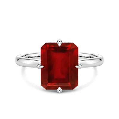 Angara 4.22 Ctw Solitaire Emerald-cut Lab-grown Ruby Engagement Ring With Hidden Halo In Metallic