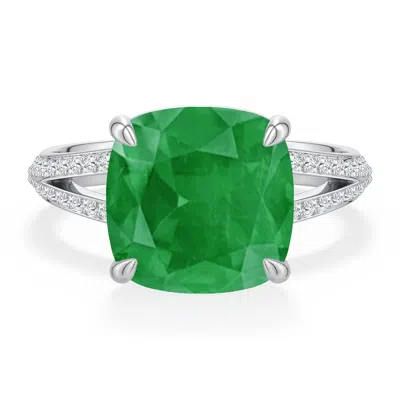 Angara 4.27 Ctw Cushion Emerald Engagement Ring With Pavé Accents In Platinum/medium Green