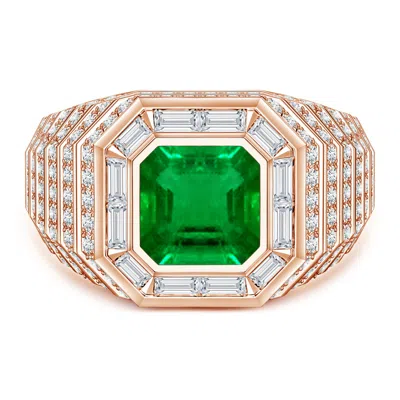 Angara 4.27 Ctw Square Emerald-cut Lab-grown Emerald Halo Men's Cocktail Ring In Green