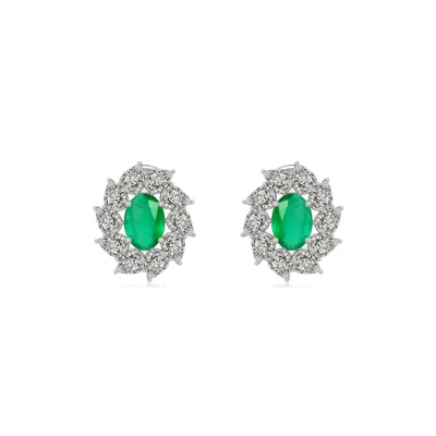 Angara 4.32 Ctw Oval Emerald Tilted Halo Stud Earrings In Platinum/medium Green
