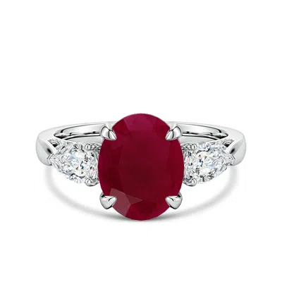 Angara 4.34 Ctw Oval Ruby And Sideways Pear Diamond Three-stone Engagement Ring In Burgundy