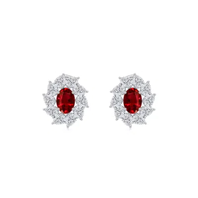 Angara 4.4 Ctw Oval Lab-grown Ruby Tilted Halo Stud Earrings In Platinum/deep Rich Red