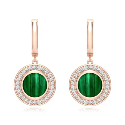 Angara 4.42 Ctw Round Malachite Halo Hoop Drop Earrings In Rose Gold/green With Light And Dark Banding