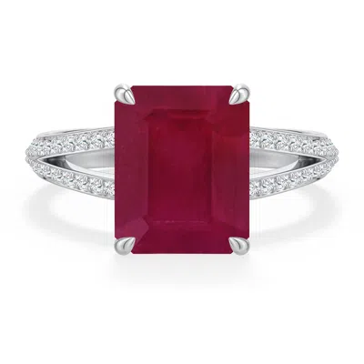Angara 4.45 Ctw Emerald-cut Ruby Engagement Ring With Pavé Accents In Platinum/dark Red