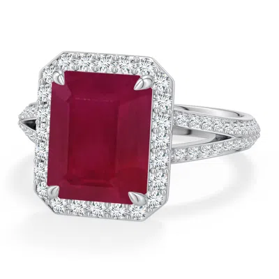 Angara 4.69 Ctw Emerald-cut Ruby Halo Engagement Ring With Accents In Platinum/dark Red