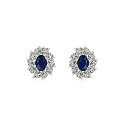 Angara 4.7 Ctw Oval Blue Sapphire Tilted Halo Stud Earrings In Platinum/dark Blue