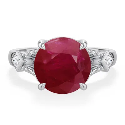 Angara 4.7 Ctw Round Ruby Cathedral Engagement Ring With Accents In Platinum/dark Red