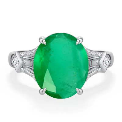 Angara 4.71 Ctw Oval Emerald Cathedral Engagement Ring With Accents In Platinum/medium Green