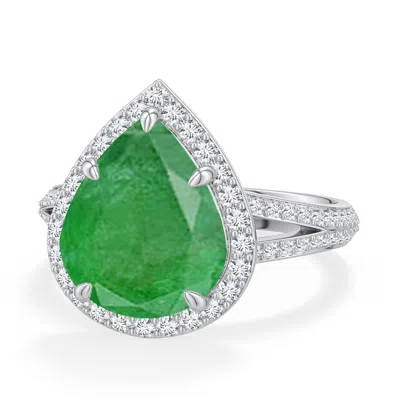 Angara 4.85 Ctw Pear Emerald Halo Engagement Ring With Accents In Platinum/medium Green