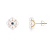 Angara 4mm Japanese Akoya Pearl Floral Studs With Blue Sapphire In Yellow Gold/ivory