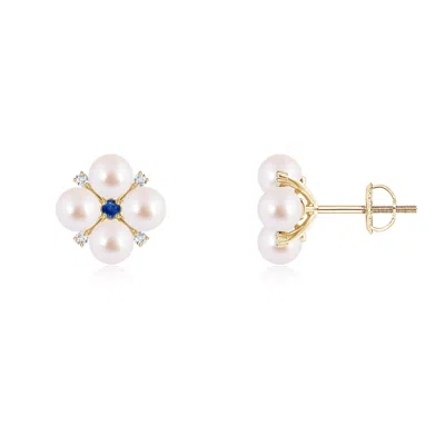 Angara 4mm Japanese Akoya Pearl Floral Studs With Blue Sapphire In White