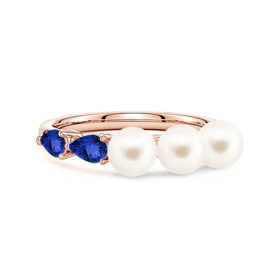 Angara 5 Mm Freshwater Pearl And Horizontal Pear Tanzanite Asymmetrical Ring In Gold