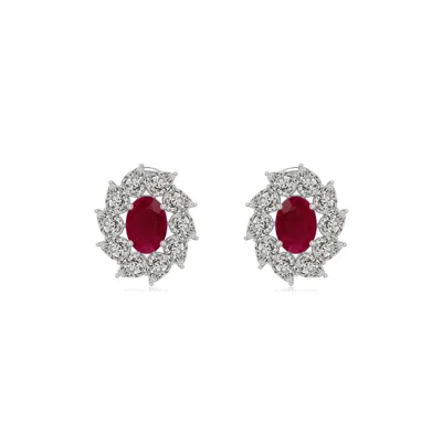 Angara 5.0 Ctw Oval Ruby Tilted Halo Stud Earrings In Platinum/dark Red